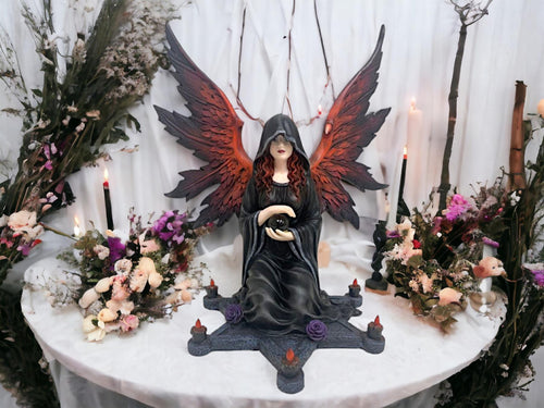 Enigmatic Dark Enchantress Resin Statue with Crystal Ball - Gothic Altar Pentagram Figure, Mystic Decor-OsirisTradingUK