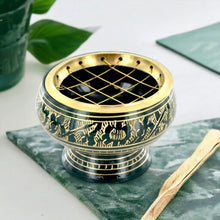 Load image into Gallery viewer, Hand-Engraved Green Resin Incense Burner | Metal Handcrafted with Artisan Detail | Spiritual Aromatherapy Essential-OsirisTradingUK
