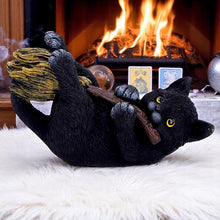 Load image into Gallery viewer, Witchcraft Cat Riding Broom Figurine Gothic Black Kitten Wiccan Fantasy Statue

