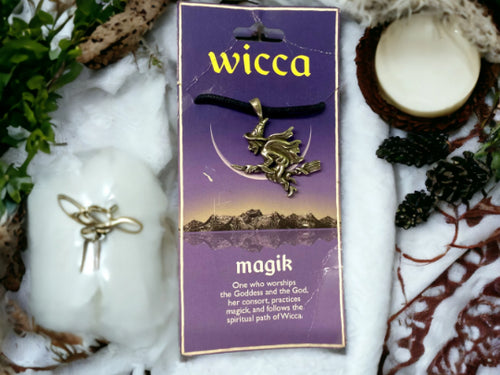 Wicca Flying Witch Talisman Pendant Necklace - Magik Spiritual Path Pewter Charm-OsirisTradingUK
