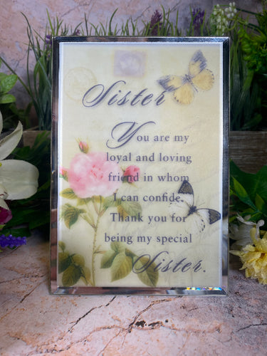 Cherished Sister Freestanding Glass Plaque, Sentimental Sisterhood Keepsake, Floral and Butterfly Tribute, Heartfelt Gift for Sibling-OsirisTradingUK