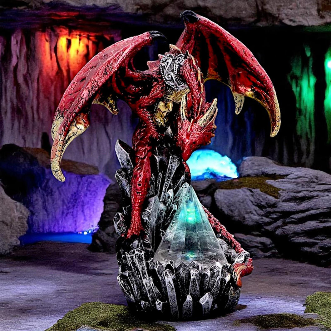 Mythical Red Dragon Figurine with Led Light Prism Crystal Gothic Guardian Statue