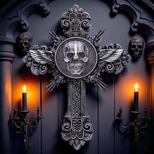 Load image into Gallery viewer, Horas Gothic Wall Clock Skull Cross Wings Silver Dark Fantasy Halloween Decor
