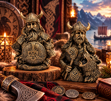 Laden Sie das Bild in den Galerie-Viewer, Pair Viking Warrior Wolf Bust Statues Norse Mythology Nordic Figurines 13cm
