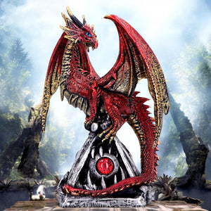 Fantasy Red Dragon Figurine Gothic Sculpture Pyramid Base Crystal Glass Eye Decor