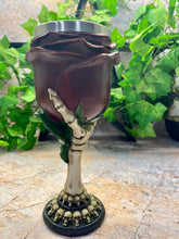 Load image into Gallery viewer, Skeleton Hand &amp; Rose Halloween Goblet - Gothic Resin Statue with Stainless Steel Insert - Skull-Ornated Base, Unique Drinking Vessel
