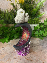 Load image into Gallery viewer, Twin Owls Resting on Crescent Moon Sculpture | Handmade Resin Art with LED Light-OsirisTradingUK
