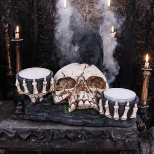 Gothic Skull Candle Holder with Raven - Dark Home Decor Ornament 15cm