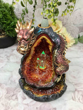 Load image into Gallery viewer, Dragon Guarding Crystal Cavern Red Colour Changing LED Light Up Cone Burner Geode Rock Lamp Crystal Fantasy Gift
