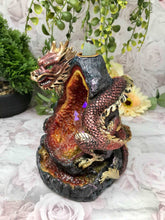 Load image into Gallery viewer, Dragon Guarding Crystal Cavern Red Colour Changing LED Light Up Cone Burner Geode Rock Lamp Crystal Fantasy Gift
