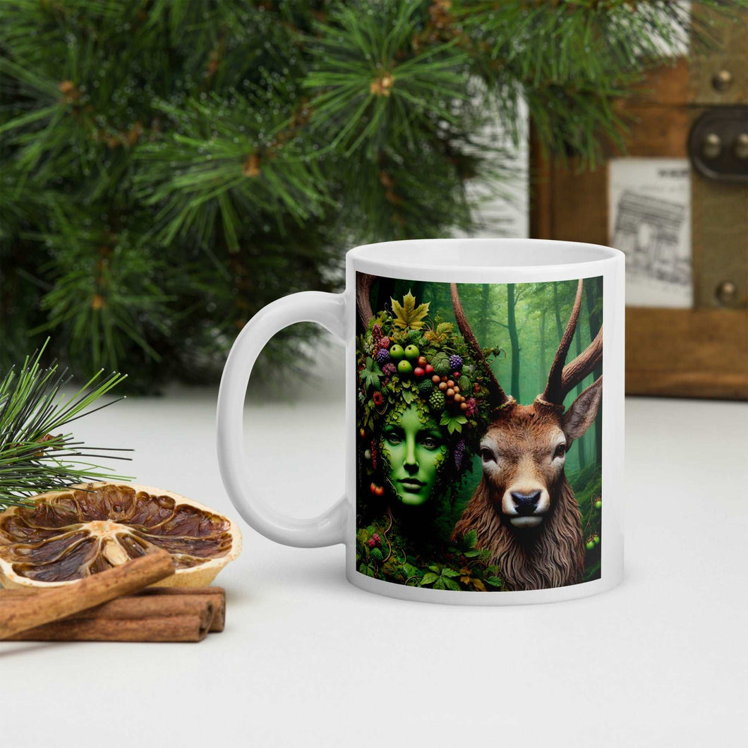 Enchanted Forest Guardian Mug - Green Spirit and Stag Companion - Available in Two Sizes