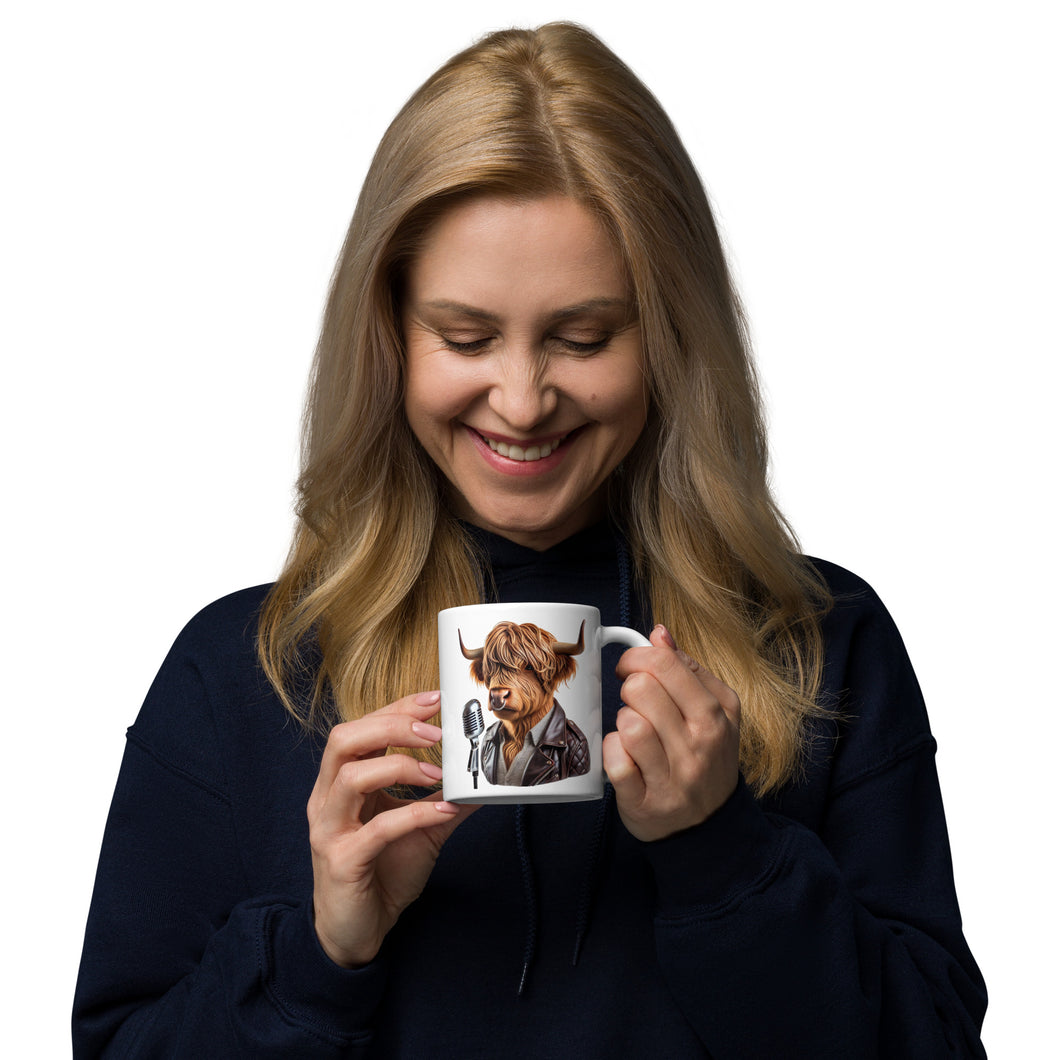 Highland Cow Singer Mug – 11oz Fun Animal-Themed Coffee Cup with Rock Star Style
