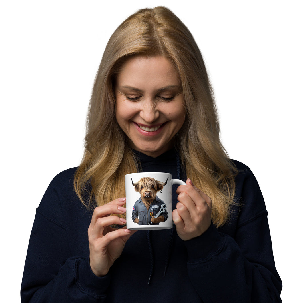 Highland Cow Mechanic Mug – 11oz Fun Animal-Themed Coffee Cup for Mechanics and Cow Lovers