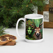 Load image into Gallery viewer, Enchanted Forest Guardian Mug - Green Spirit and Stag Companion - Available in Two Sizes
