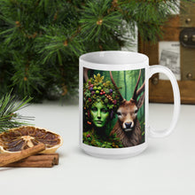 Load image into Gallery viewer, Enchanted Forest Guardian Mug - Green Spirit and Stag Companion - Available in Two Sizes
