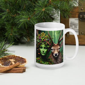 Enchanted Forest Guardian Mug - Green Spirit and Stag Companion - Available in Two Sizes