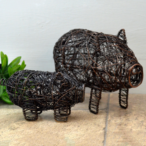 Pair of Abstract Wire Metal Pigs Garden Ornaments Lawn Decor Country Home-OsirisTradingUK