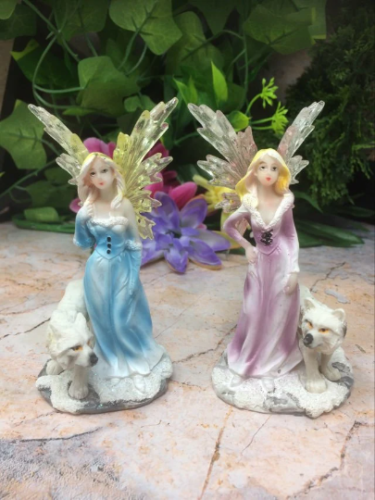 Pair of Small Fairies with Wolves Figurine Fantasy Fairy Figure Mythical Statue-OsirisTradingUK