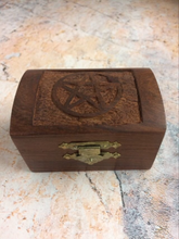 Load image into Gallery viewer, Small Wiccan Style Wooden Box with Pentagram Pagan Decor Secret Stash Ornament
