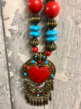 Load image into Gallery viewer, Tibetan Statement Necklace in Turquoise Blue Red Brass and Stone Vintage Style-OsirisTradingUK
