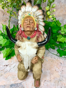 Indian Chief Sitting with Buffalo Skull Figurine Native American Sculpture-OsirisTradingUK