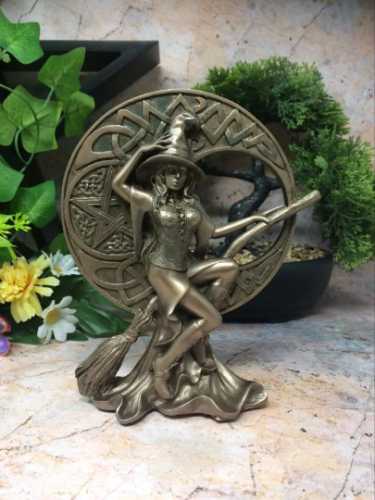 Bronze Effect Witch with Pentagram Celtic Moon Altar Decoration Occult Statue-OsirisTradingUK