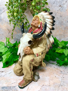 Indian Chief Sitting with Buffalo Skull Figurine Native American Sculpture-OsirisTradingUK