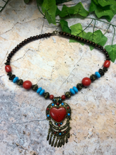 Laden Sie das Bild in den Galerie-Viewer, Tibetan Statement Necklace in Turquoise Blue Red Brass and Stone Vintage Style-OsirisTradingUK
