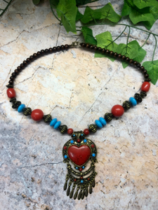 Tibetan Statement Necklace in Turquoise Blue Red Brass and Stone Vintage Style-OsirisTradingUK