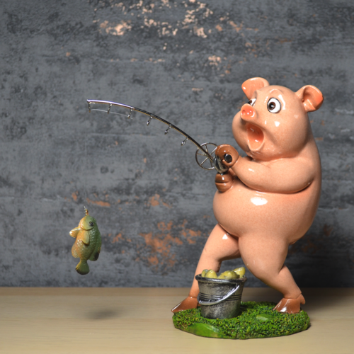 Comical Pig Fishing Figurine Home Decoration Statue Ornament Pigs Collection-OsirisTradingUK