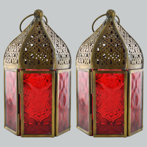 Pair of Two Moroccan Style Lanterns Brass Tea Light Candle Holders Ornaments
