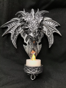 Novelty Gothic Dragon Head Candle Holder with LED Light Wall Plaque Fantasy Art