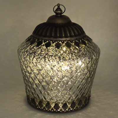 Silver LED Moroccan Style Glass Battery Powered Lantern Home Decor Lighting-OsirisTradingUK