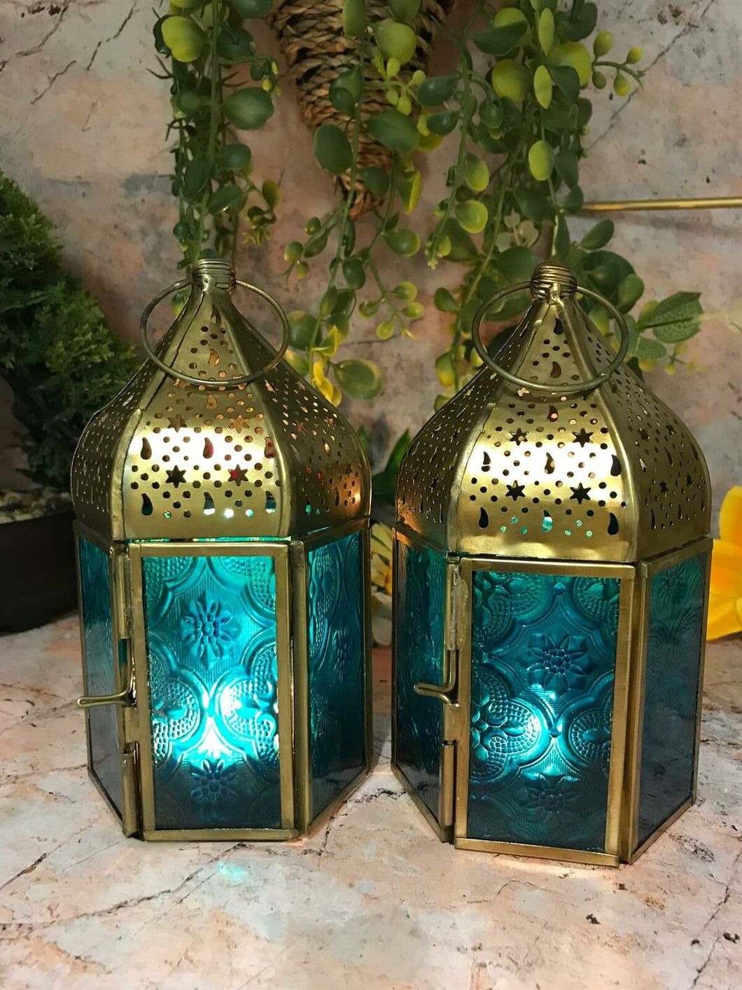 Set of Two Blue Glass Moroccan Style Lanterns Brass Candle Holders