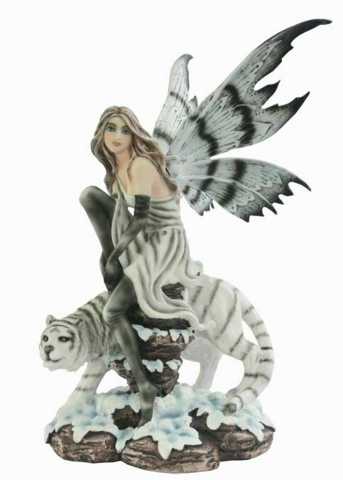 Fairy Resting on White Tiger Companion Figurine Fantasy Fairies Sculpture Gift