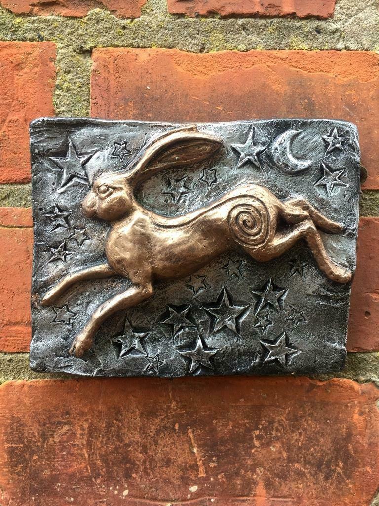 Magical Moon Hare and Stars Wall Plaque Pagan Statue Moongazing Wiccan Sculpture