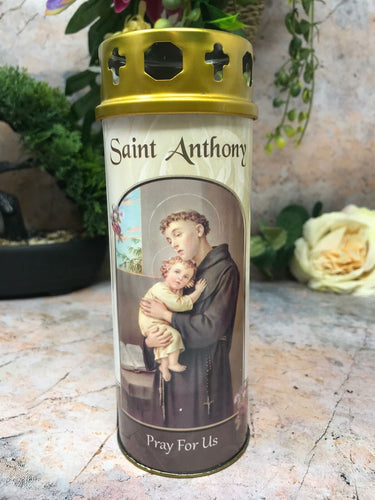 Saint Anthony Grave Candle Windproof Cap Prayer on Reverse Religious Graveside-OsirisTradingUK