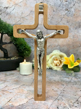 Load image into Gallery viewer, Wooden Crucifix Hanging Wall Cross Silver Metal Corpus Christi Religious-OsirisTradingUK
