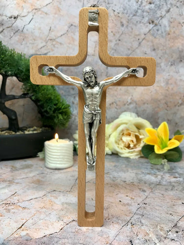 Wooden Crucifix Hanging Wall Cross Silver Metal Corpus Christi Religious-OsirisTradingUK