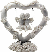 Load image into Gallery viewer, Pretty Pair of Angel Cherubs Sitting On Swing inside Rose Covered Heart Ornament
