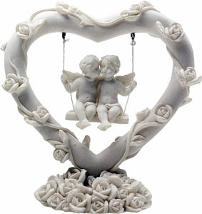 Pretty Pair of Angel Cherubs Sitting On Swing inside Rose Covered Heart Ornament-Collectables:Fantasy, Myth & Magic:Angel-OsirisTradingUK