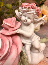Load image into Gallery viewer, Guardian Angel Resting on Rose Figurine Cherub with Flower Statue Ornament
