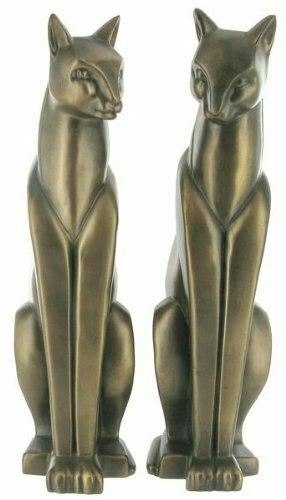 ART DECO STYLE COLD CAST BRONZE PAIR OF CATS SCULPTURES STATUES FIGURINES