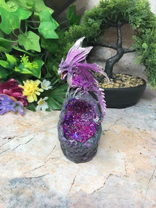 Purple Dragon Guardian of Geode Sculpture Statue Ornament with LED Light-OsirisTradingUK