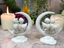 Load image into Gallery viewer, Pair of Guardian Angels Figurine Cherubs Resting on Crescent Moon Ornament
