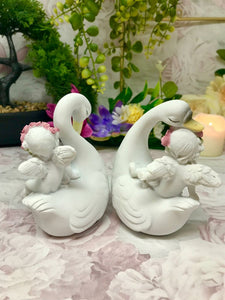 Pair of Cherubs Riding Swans Figurines Cherub Collection Home Ornaments