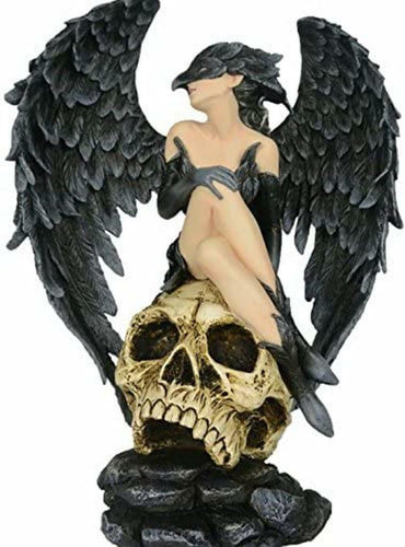 Large Dark Fallen Angel Resting on a Skull Gothic Style Figurine-OsirisTradingUK