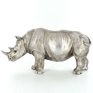 Antique Effect Silver Rhino Sculpture Statue Ornament Decoration Wild Animal