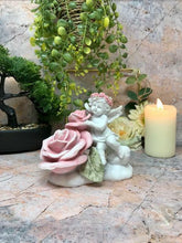 Load image into Gallery viewer, Guardian Angel Resting on Rose Figurine Cherub with Flower Statue Ornament
