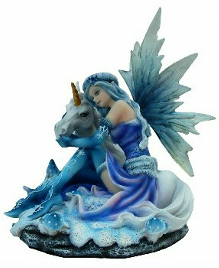 Sitting Blue Winter Fairy with Unicorn Display Figurine Statue Ornament
